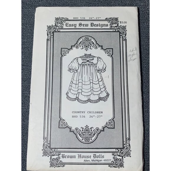 Easy Sew Designs Country Children Dress Pattern BHD 536 26"-27" Doll 1970s - Picture 3 of 3